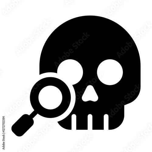 Skull with magnifying glass glyph icon representing anthropology, research, and human studies