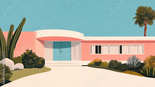 vibrant mid century house with pink exterior and palm trees