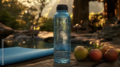 A refreshing scene with a water bottle and apples near a tranquil setting.