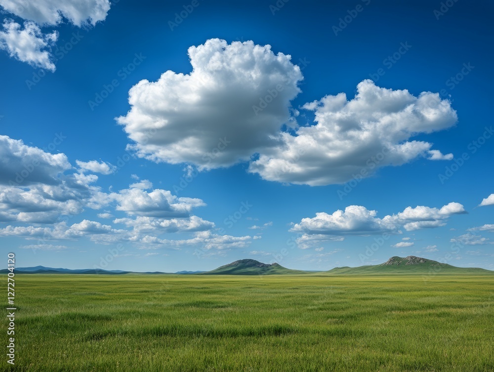 Serene Landscape of a Vast Green Grassland Under a Clear Blue Sky with Fluffy White Clouds and Distant Hills Serene Landscape of a Vast Green Grassland Under a Clear Blue Sky with Fluffy White Clouds and Distant Hills