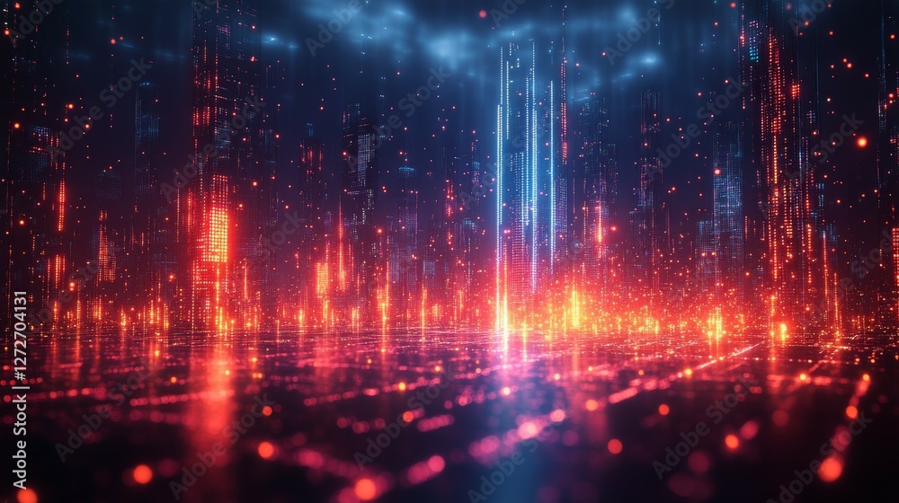 Futuristic Cyberpunk Cityscape with Neon Red and Blue Lights and a High-Tech Digital Aesthetic Futuristic Cyberpunk Cityscape with Neon Red and Blue Lights and a High-Tech Digital Aesthetic