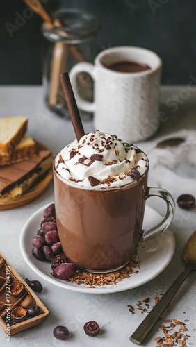 Delicious Hot Chocolate with Whipped Cream and Chocolate Shavings in a Cozy Setting