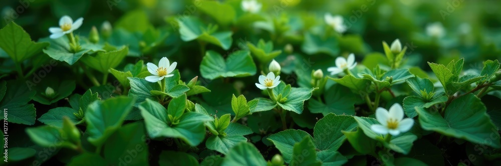 Small white flowers blooming among the dense ivy foliage, ivy, vegetation, plant Small white flowers blooming among the dense ivy foliage, ivy, vegetation, plant