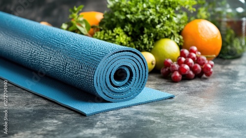 A rolled yoga mat beside fresh fruits and vegetables on a textured surface.