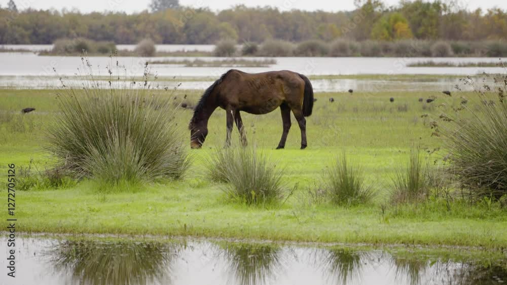 Wild horse eating grass near moorland in Spain, static view