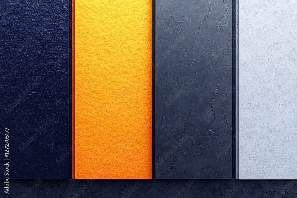 Fototapeta premium Striking vertical panels showcase rich navy dark gray orange and light gray textures. AI Generated