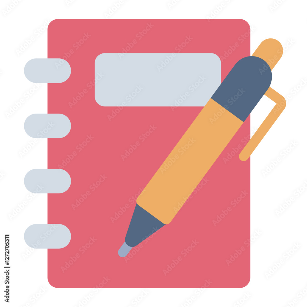Notebook and pen flat icon representing journalism, writing, and note taking Notebook and pen flat icon representing journalism, writing, and note taking