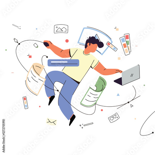 A dynamic digital illustration of a multitasking professional working on a laptop, handling documents, and using creative tools. Abstract elements represent productivity, efficiency,