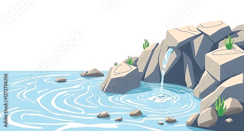 Vector Style Mountain Stream Illustration with Waterfall Flowing into Blue Pond and Decorative Grey Rocks on White Background