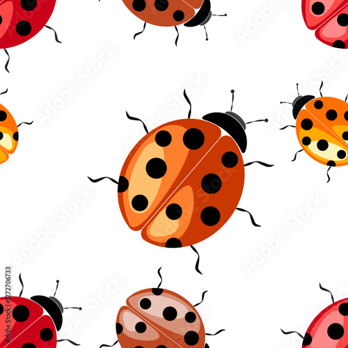 Colorful ladybug seamless pattern illustration featuring various shades and spots on a white background