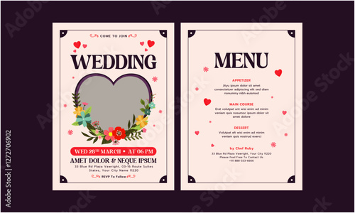Wedding Invitation Template. Wedding Invitation, save the date, card template. Vector. The bride and groom was standing between an arch of beautiful flowers.