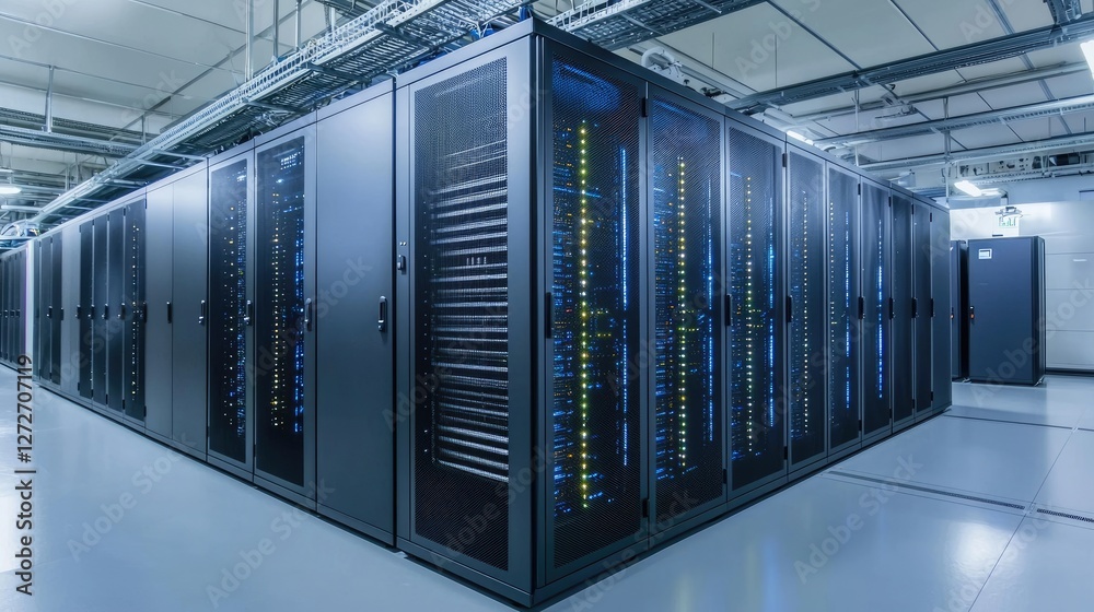 Naklejka premium A modern datacenter with organized server racks and advanced cooling systems, ensuring secure and efficient data processing. Ideal for cloud computing, IT infrastructure, and cybersecurity