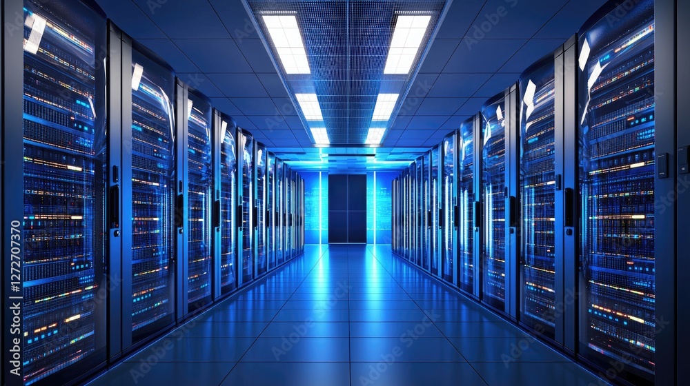 Fototapeta premium A futuristic datacenter with glowing blue server racks and sleek lighting, representing high-speed computing and cybersecurity. Ideal for cloud computing, IT infrastructure, and networking
