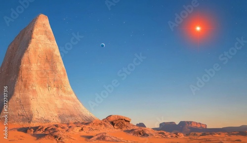 A tall, beige rock formation dominates a red desert landscape under a twilight sky. A bright red star shines intensely in the upper right corner photo