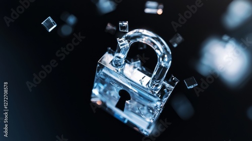Abstract image of a glass padlock shattering into fragments against a dark background. Crystalline texture, bokeh effect, and dramatic lighting