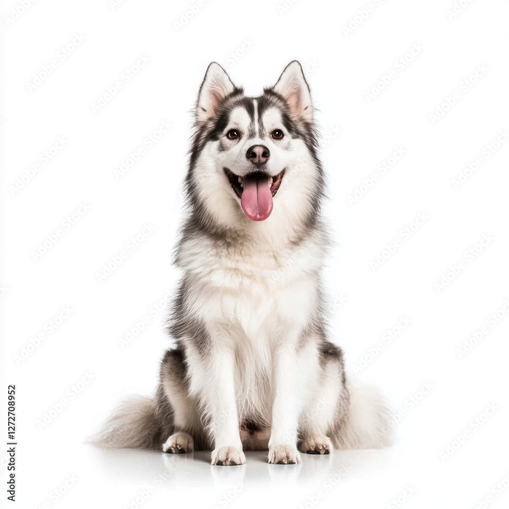 Happy husky dog sitting on white background. Studio shot of playful husky with pink tongue out, looking at the camera. Happy husky dog sitting on white background. Studio shot of playful husky with pink tongue out, looking at the camera.