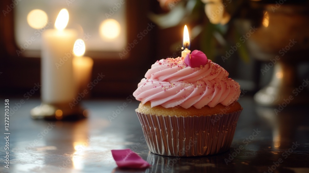 A beautifully decorated cupcake with a candle and rose petals. A beautifully decorated cupcake with a candle and rose petals.