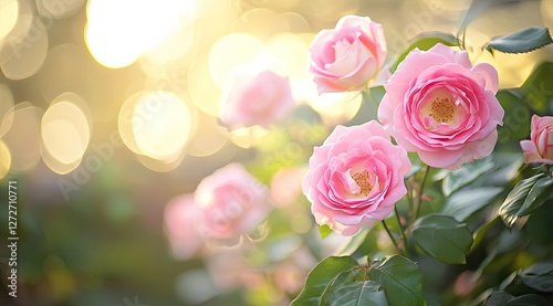 Pink Roses Bloom in Sunlit Garden