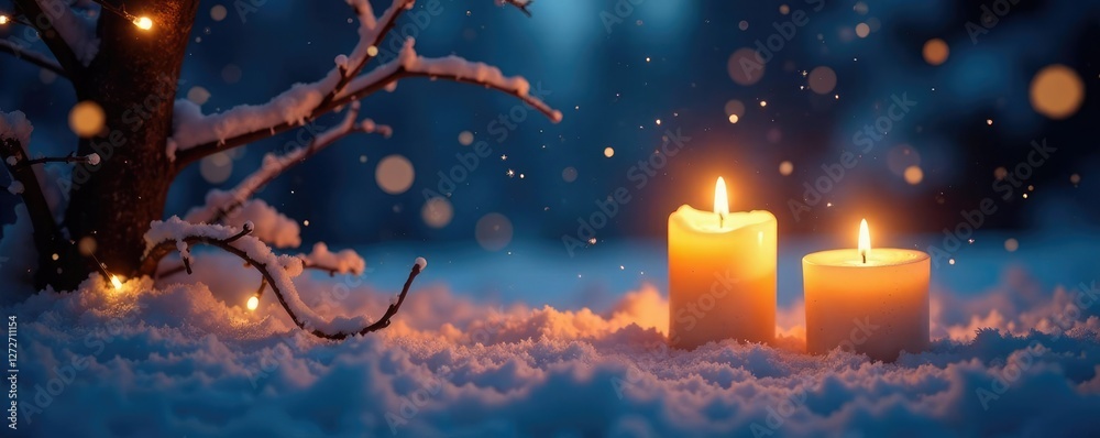 Fototapeta premium Snowy night with soft glowing candles and fairy lights, warm glow, ambiance, peaceful atmosphere