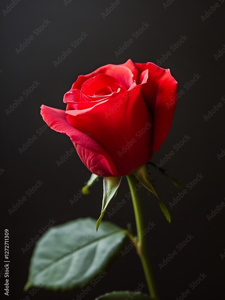 Obraz premium Elegant Red Rose Blooming Against a Dark Background for Romantic Themes : Generative AI
