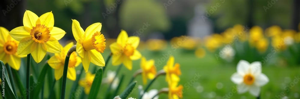 Yellow daffodils and white lilies in a serene cemetery scene, daffodils, garden Yellow daffodils and white lilies in a serene cemetery scene, daffodils, garden