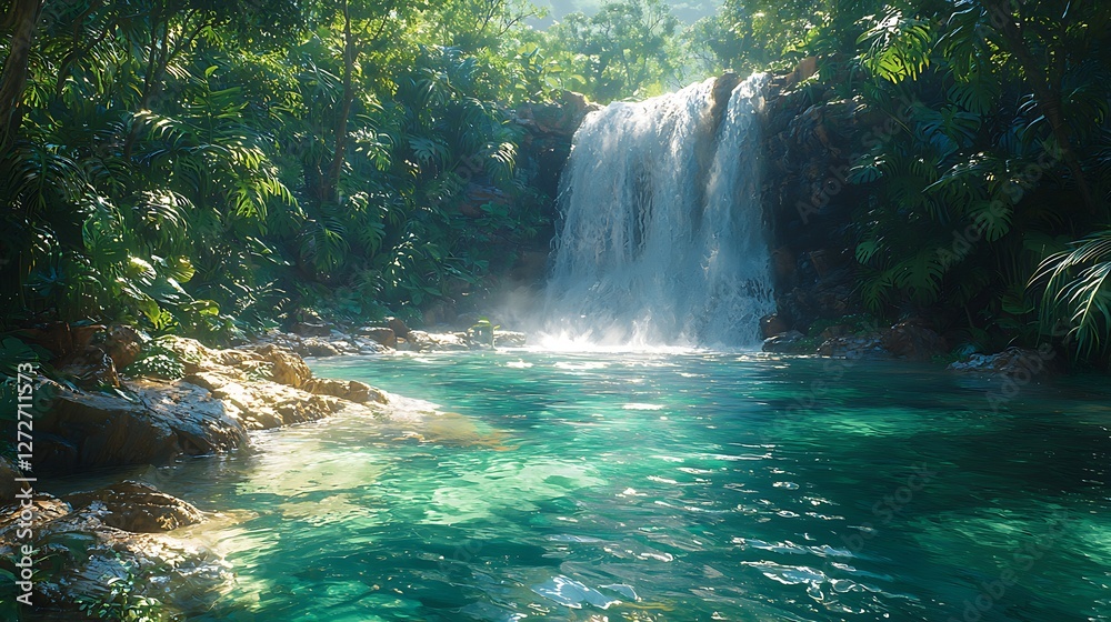 Tropical Waterfall in Lush Jungle; Stunning Nature Scene; Ideal for Travel Brochure Tropical Waterfall in Lush Jungle; Stunning Nature Scene; Ideal for Travel Brochure