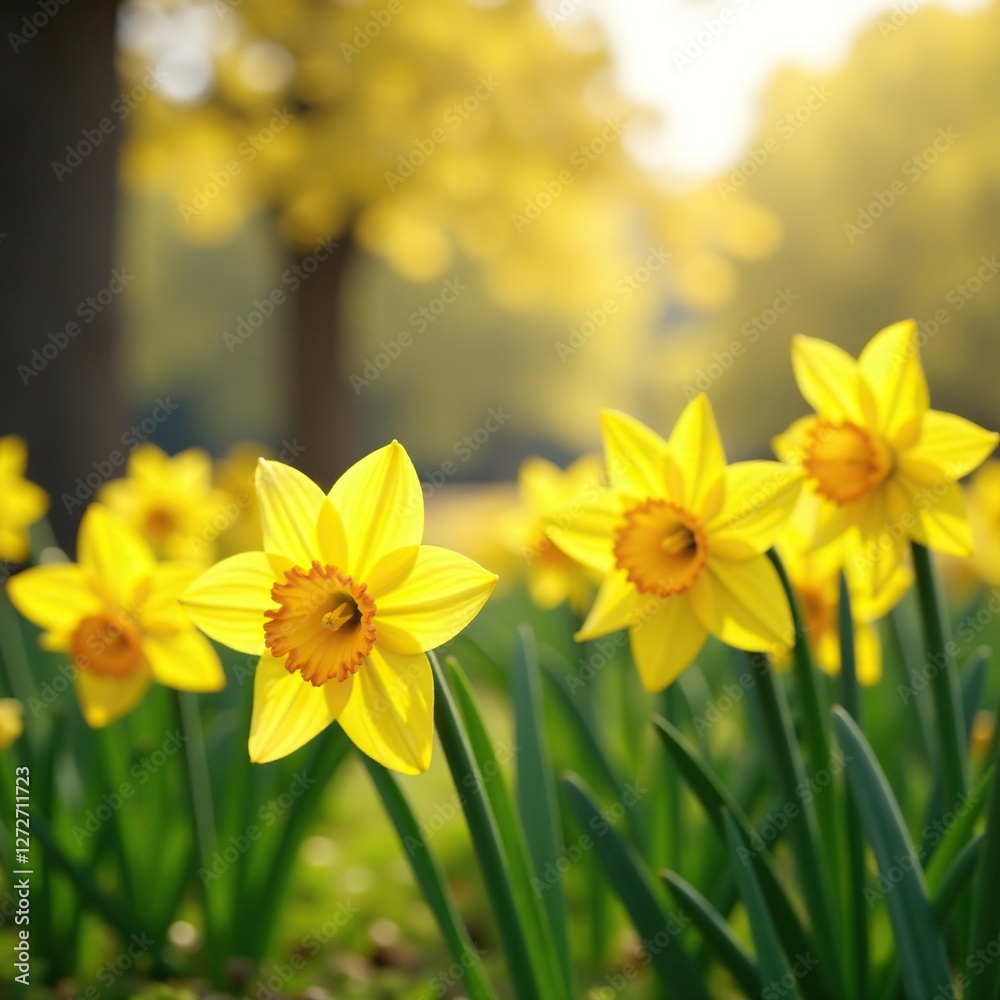 Yellow daffodils in a bright and cheerful landscape, happy atmosphere, colorful blooms, bright yellow Yellow daffodils in a bright and cheerful landscape, happy atmosphere, colorful blooms, bright yellow