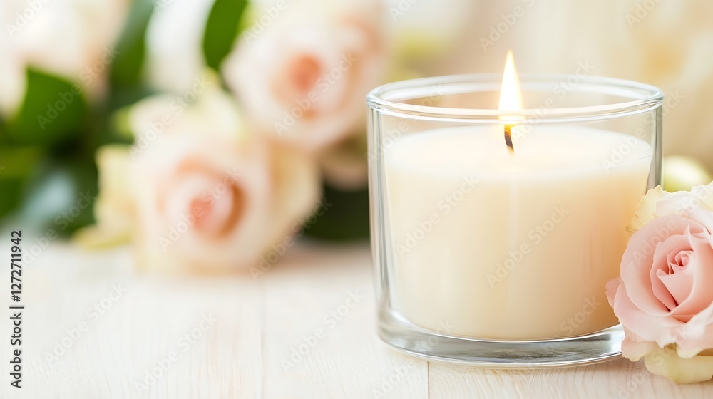 A Beautiful Candle Surrounded by Soft Roses in a Tranquil Setting : Generative AI A Beautiful Candle Surrounded by Soft Roses in a Tranquil Setting : Generative AI