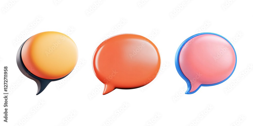 Digital Dialogue: Vibrant 3D speech bubbles, rendered with glossy surfaces, communicate ideas and thoughts in a visually engaging manner. Each bubble, with its unique hue. Digital Dialogue: Vibrant 3D speech bubbles, rendered with glossy surfaces, communicate ideas and thoughts in a visually engaging manner. Each bubble, with its unique hue.