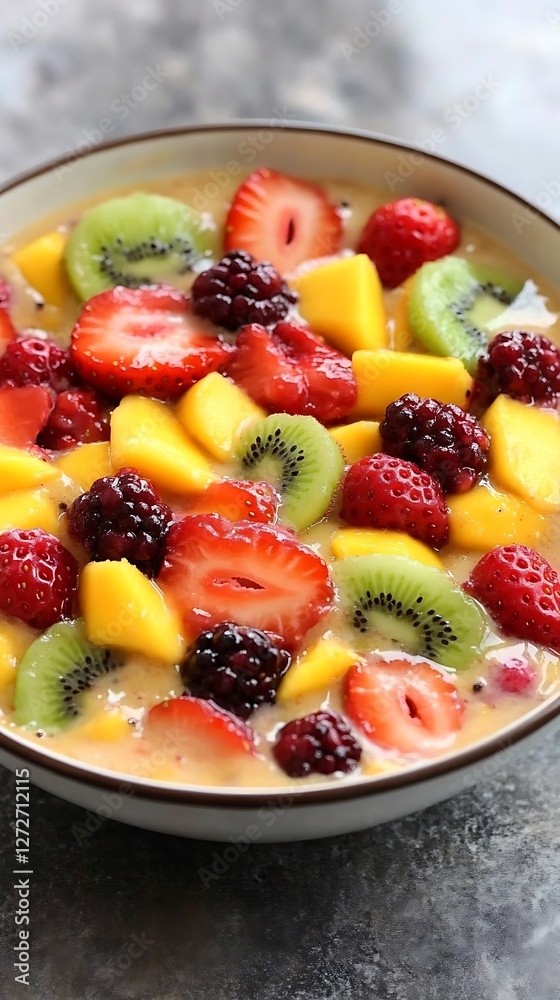 Berry, mango, and kiwi fruit bowl mix on table with bokeh background; healthy dessert option Berry, mango, and kiwi fruit bowl mix on table with bokeh background; healthy dessert option