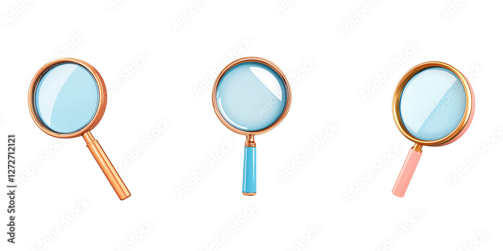 Magnifying Glass Trio: Capturing three magnifying glasses with different colored handles, ready to magnify the details of the world.