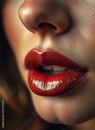 an image of a woman with a red lip and a black background, there is a close up of a woman ' s lips with a red lip photo