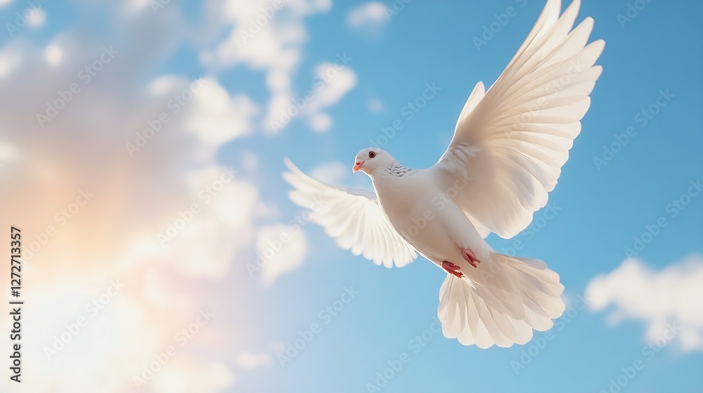 Majestic White Dove in Flight Soaring Against a Bright Blue Sky with Beautiful Clouds : Generative AI Majestic White Dove in Flight Soaring Against a Bright Blue Sky with Beautiful Clouds : Generative AI