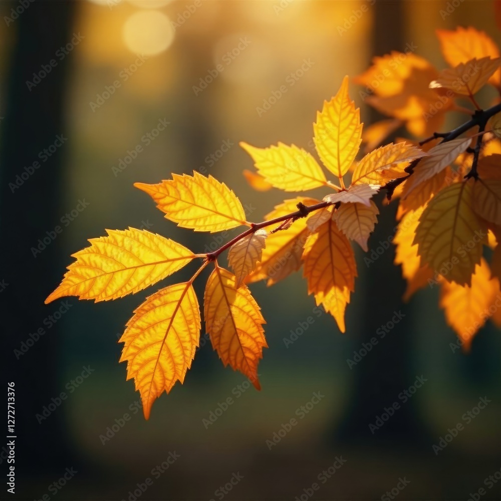 Softly glowing golden leaves on a branch in autumn forest landscape, branch, glow, leaf Softly glowing golden leaves on a branch in autumn forest landscape, branch, glow, leaf
