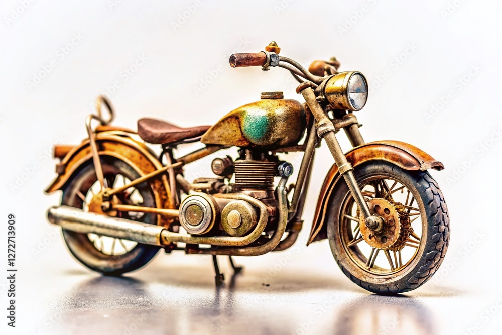 Fototapeta premium Vintage Motorcycle Model, Retro Bike Miniature, Classic Motorcycle Replica, Old Motorbike Toy, White Background