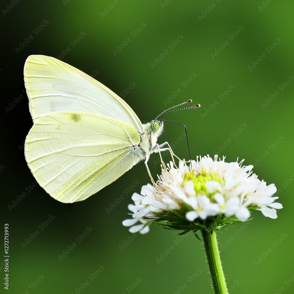 Delicate white butterfly perched on a flower with a blurred green background Delicate white butterfly perched on a flower with a blurred green background
