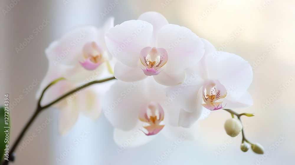 Fototapeta premium Delicate White Orchid Blooms Captured in Soft Natural Light for Elegant Display : Generative AI