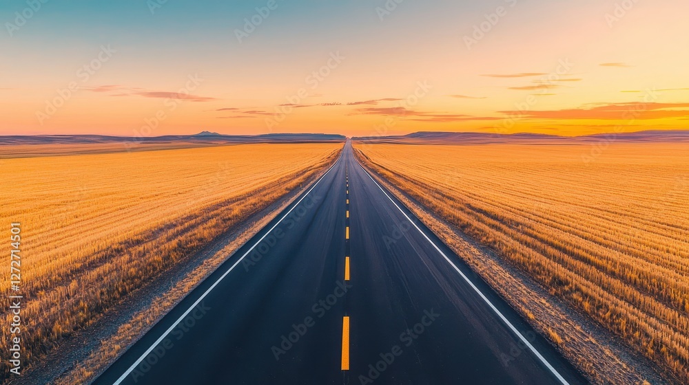 Fototapeta premium An endless asphalt road stretches through golden fields under a vibrant sunset sky, symbolizing adventure and freedom.