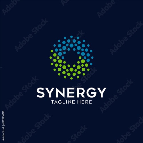 logo synergy, concept of two or more entities working together. Interlocking circles symbolize the coming together of various elements