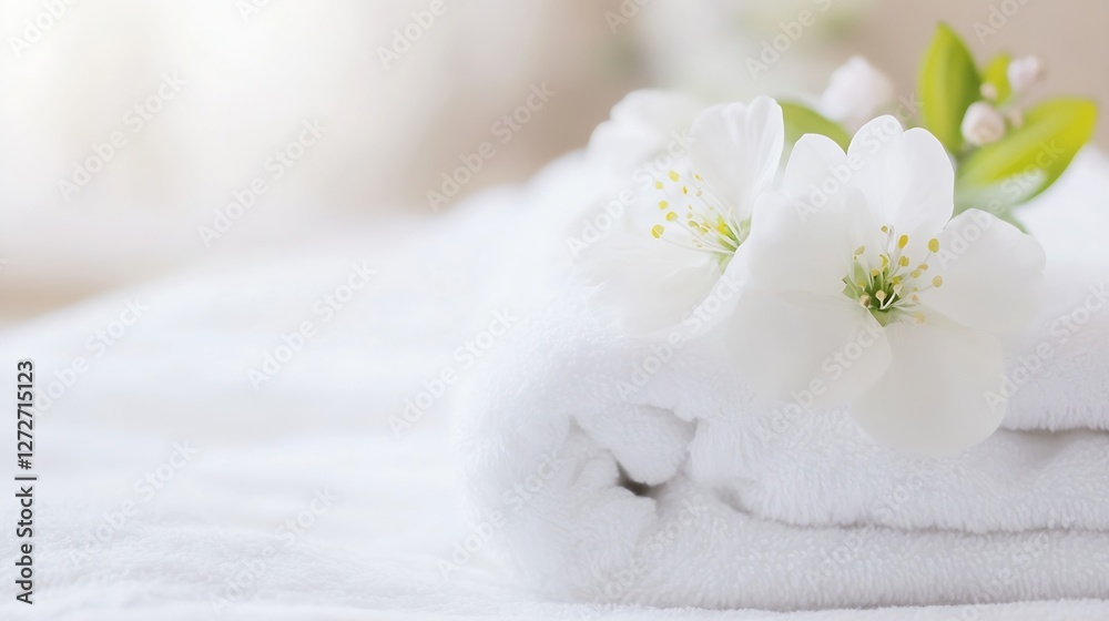 Soft White Towel Rolled with Elegant Blossoms for Relaxation and Spa Vibes : Generative AI Soft White Towel Rolled with Elegant Blossoms for Relaxation and Spa Vibes : Generative AI