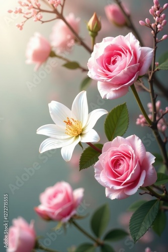 Soft pink roses and white lilies suspended in the air amidst branches, roses, , nature