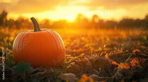 Vibrant Pumpkin on Field at Sunset Illuminating Autumn Colors