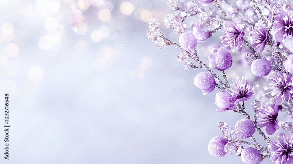 Frosted purple flowers winter bokeh background, holiday card Frosted purple flowers winter bokeh background, holiday card