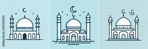 A clean, minimal flat design of a mosque with a single dome and two minarets. The mosque is outlined in simple lines, set against a light blue sky, with a small crescent moon above it to mark the Eid 