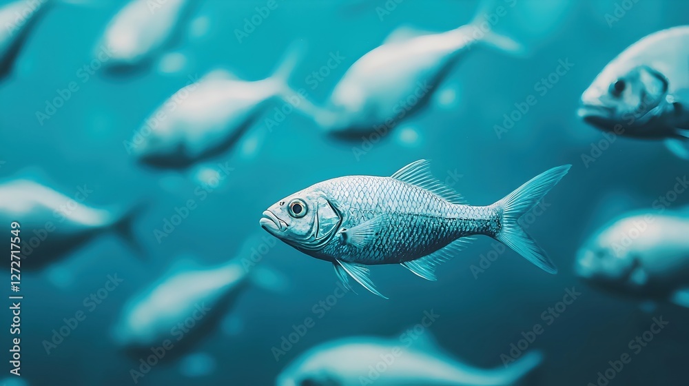 Fototapeta premium Underwater Scene with School of Fish Swimming in Clear Water