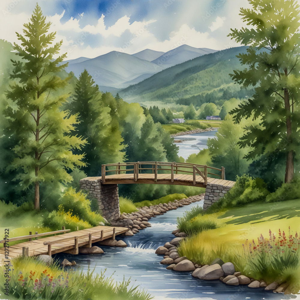 Fototapeta premium watercolor illustration of Johnson, Vermont, featuring the peaceful Lamoille River. Show a wooden bridge crossing the river