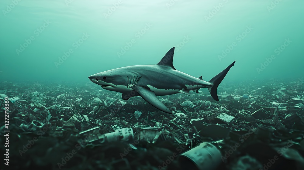 Fototapeta premium Shark Swimming Among Sea of Ocean Pollution and Plastic Debris