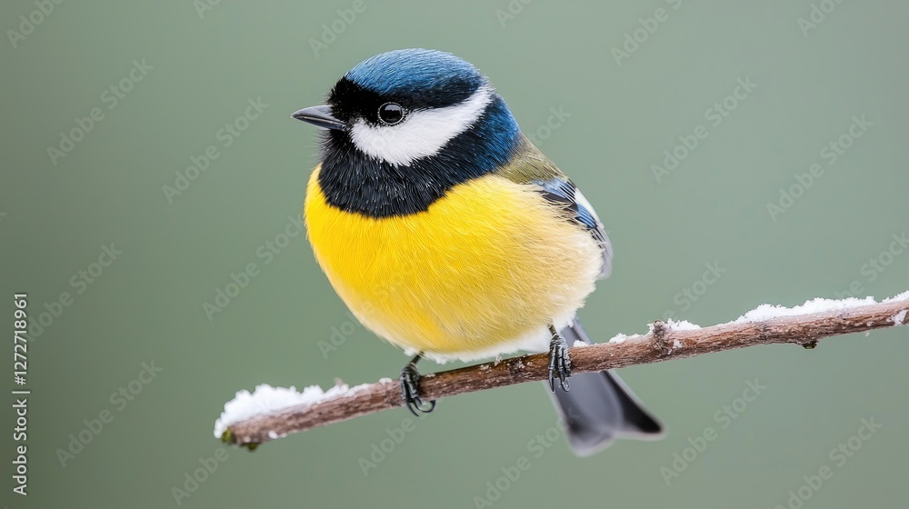 Obraz premium Great tit perched on snowy branch, winter nature