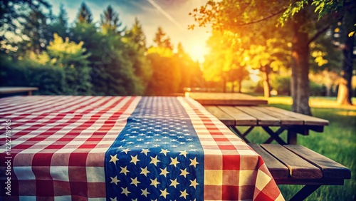 Vintage Picnic: Patriotic Americana, Red & White Gingham Tablecloth on Blue Table