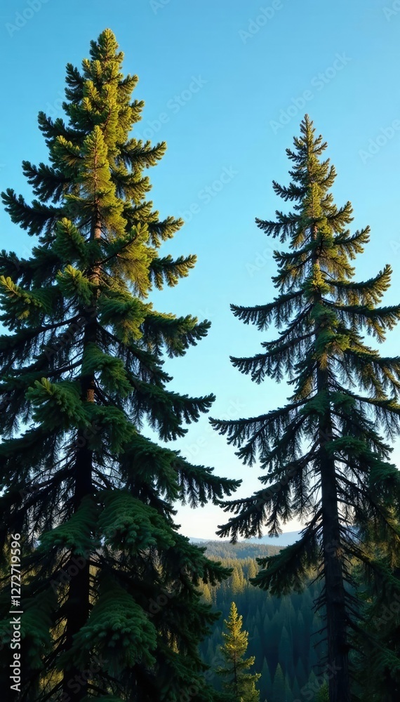 Tall spruce trees against a clear morning sky, leafy branches, spruce trees, clear blue sky Tall spruce trees against a clear morning sky, leafy branches, spruce trees, clear blue sky